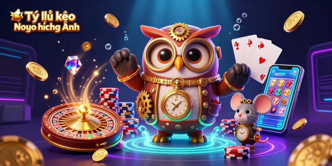 Tỷ lệ kèo Ngoại hạng Anh highlights a dynamic scene with characters amidst casino elements and vibrant betting visuals.