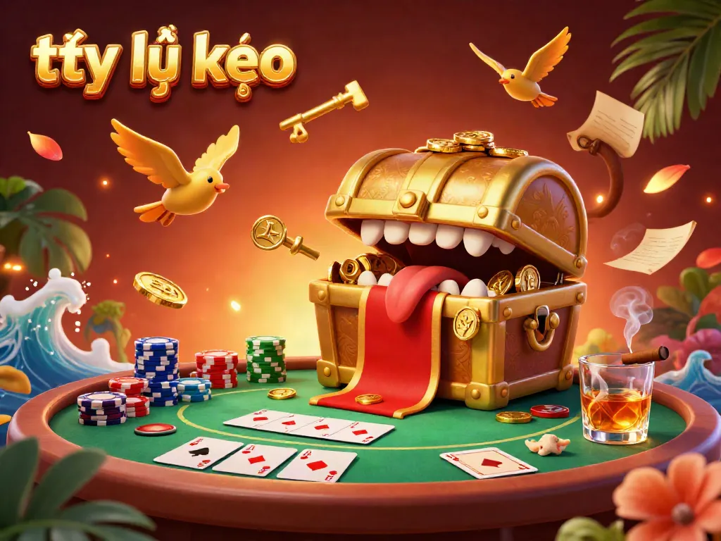 Engage with tỷ lệ kèo in this vibrant 3D scene showcasing a cartoon golden treasure chest and dynamic poker elements.