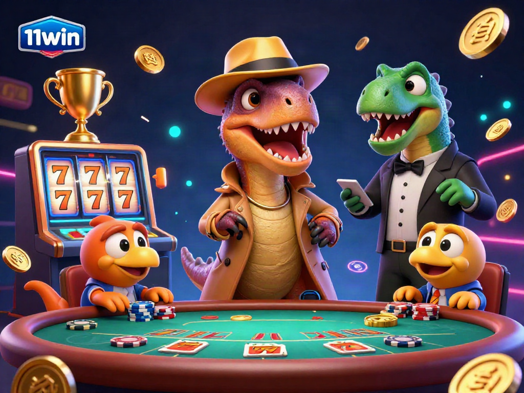 Engage with 11win's thrilling blackjack scene featuring cartoon dinosaurs and dynamic gaming elements.