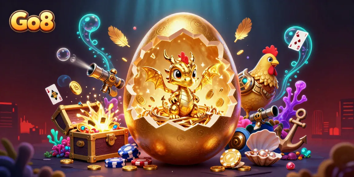 Go8 reveals a golden dragon on poker chips amidst a vibrant casino-themed underwater world.