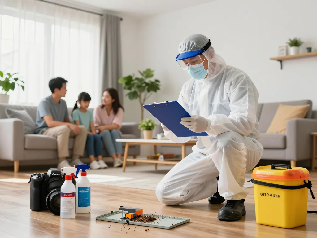 Dedetizadora technician inspecting a home for pest control, ensuring safety and professionalism.