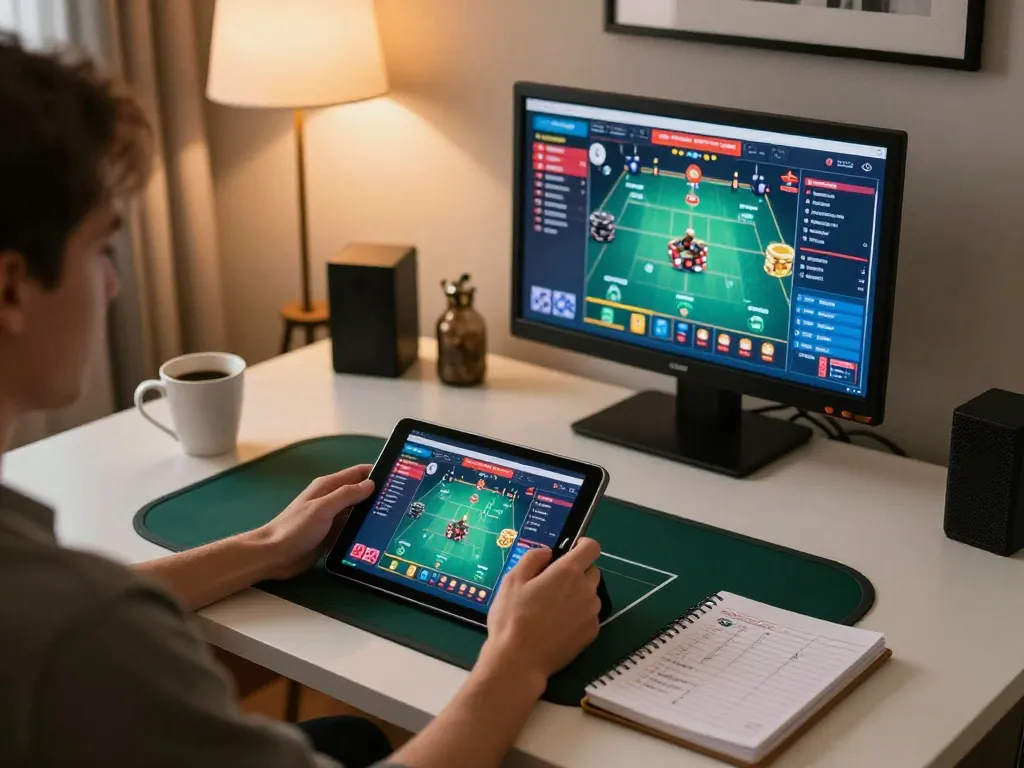 Engaging poker game on mk8 platform, showcasing a player strategizing in a cozy home setup.