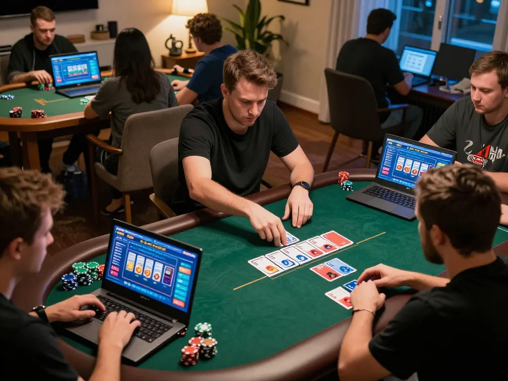 Engaging online poker gameplay at home with link kp88 showcased on a player's tablet.