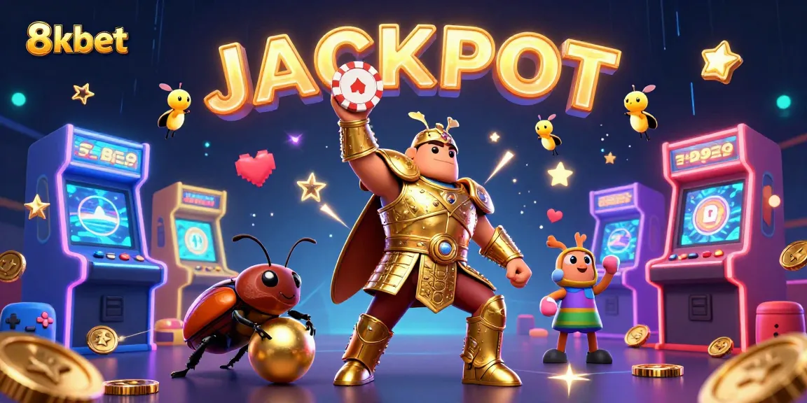 Experience thrilling gaming at 8xbet, where a heroic beetle celebrates a big win with vibrant visuals.