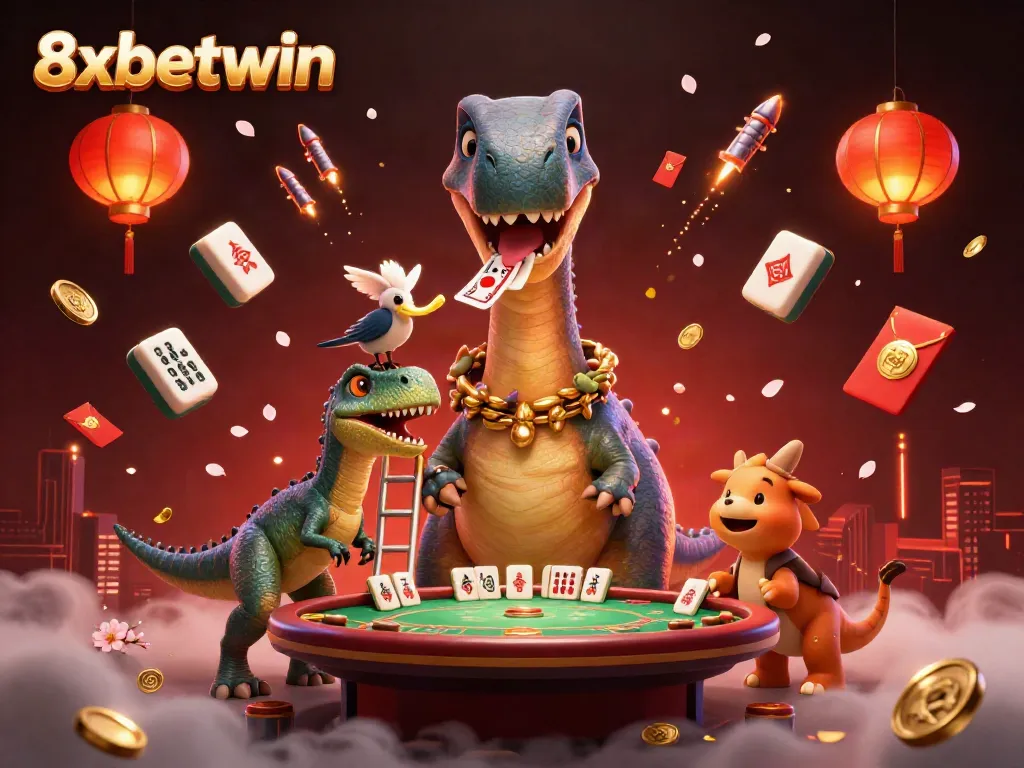 Play at 8xbetwin with a vibrant casino scene featuring playful dinosaurs and festive elements.