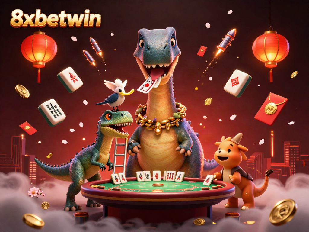 Play at 8xbetwin with a vibrant casino scene featuring playful dinosaurs and festive elements.