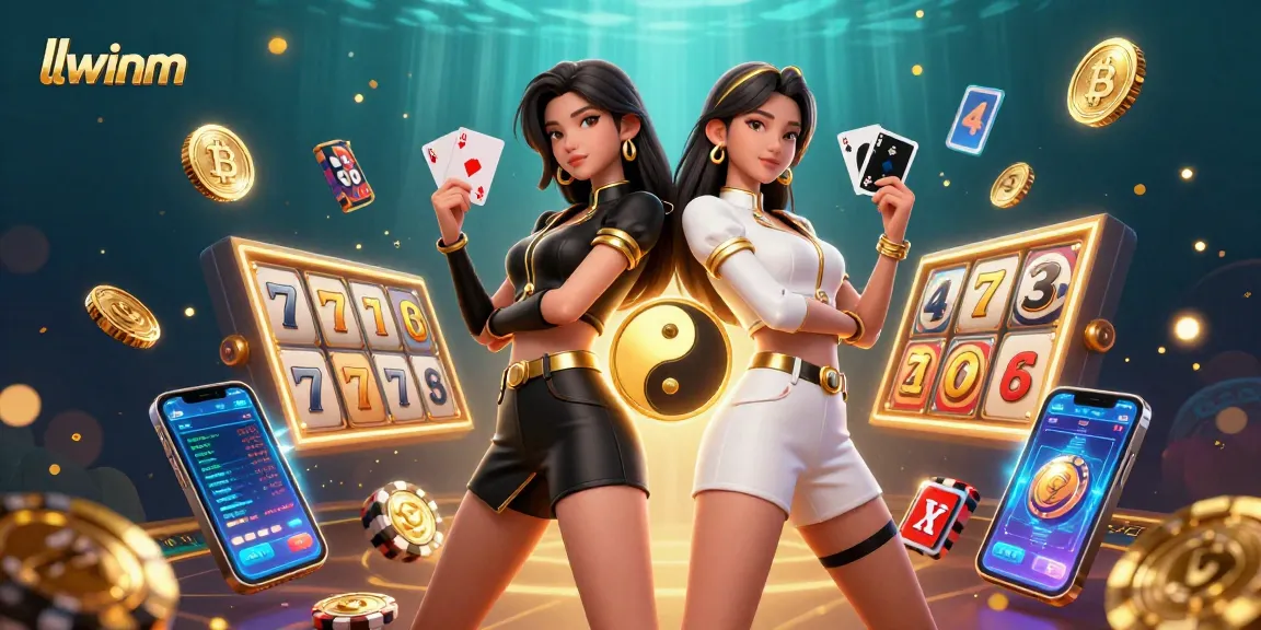Win big at llwinm's online casino with vibrant Asian duo, cards, and cryptocurrency elements.