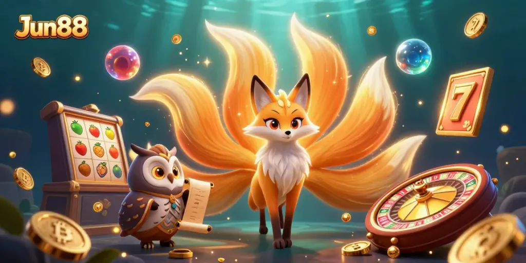 Join the excitement at Jun88 with vibrant casino symbols and mystical spirits in a dynamic 3D scene.