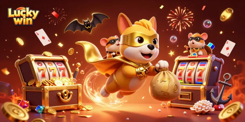 Lucky win offers a vibrant 3D scene with a superhero dog and hamster amidst scattered casino elements.