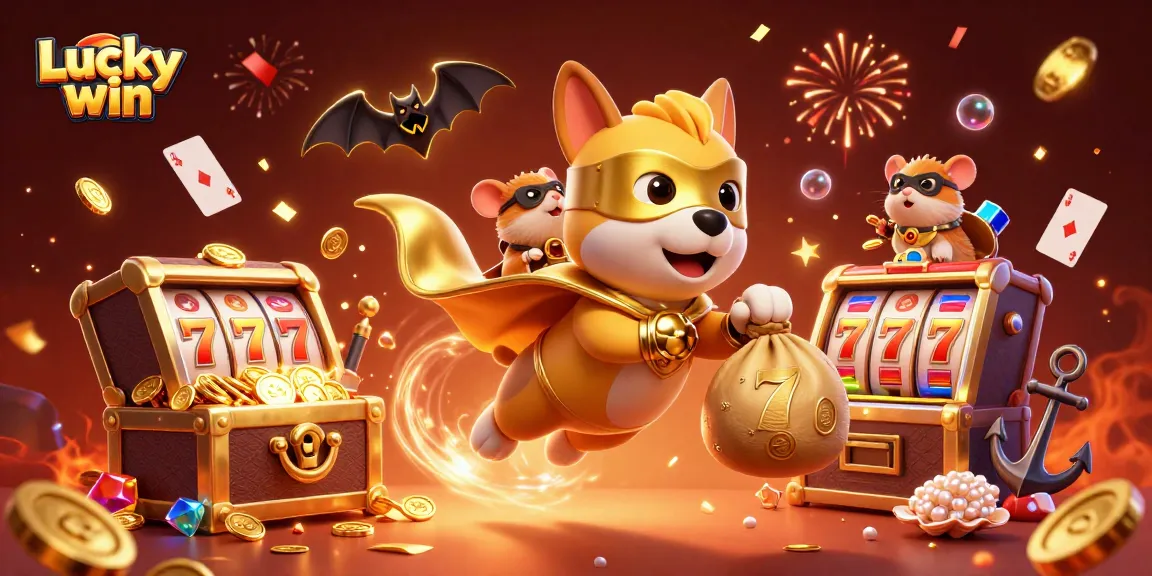 Lucky win offers a vibrant 3D scene with a superhero dog and hamster amidst scattered casino elements.