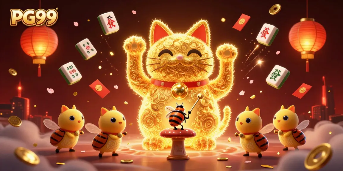 Experience the energy of PG99 with a vibrant illustration of a lucky cat and casino symbols.