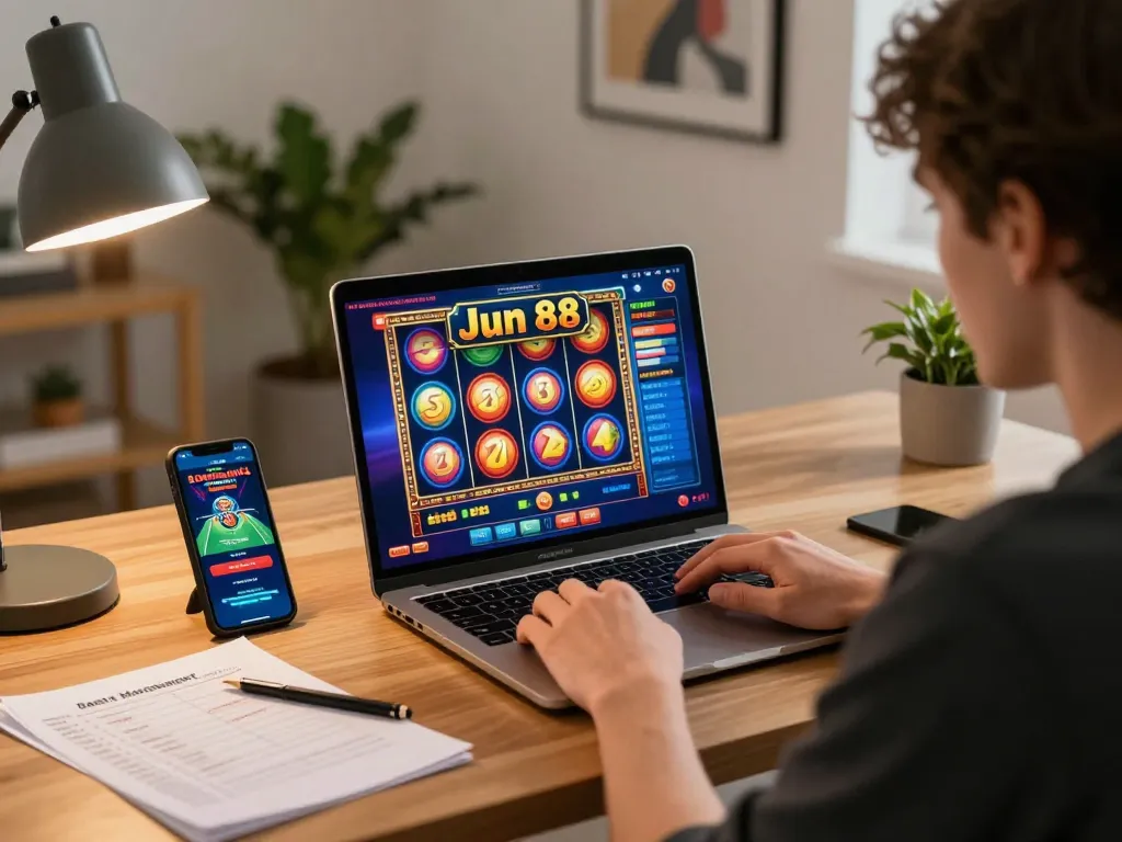 Player enjoying Jun 88 slots and live casino games in a cozy home office setting.
