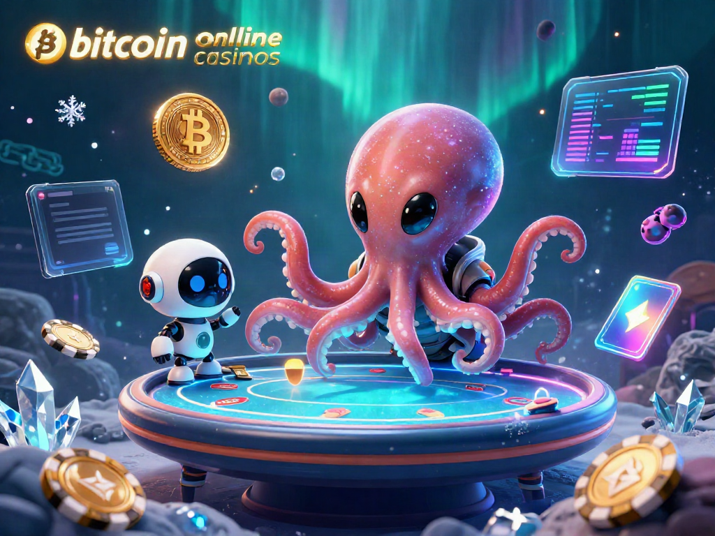 Experience thrilling bitcoin online casinos action with an alien octopus at a holographic poker table.