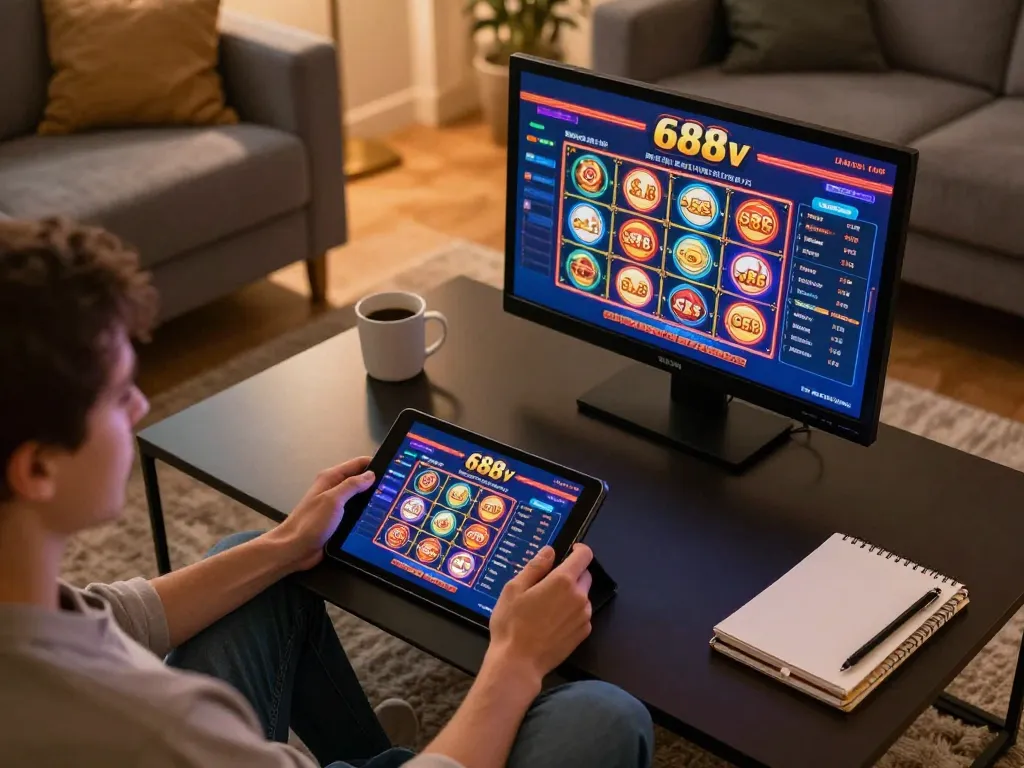 Player engaging with 688v online casino on a tablet, cozy home gaming atmosphere depicted.