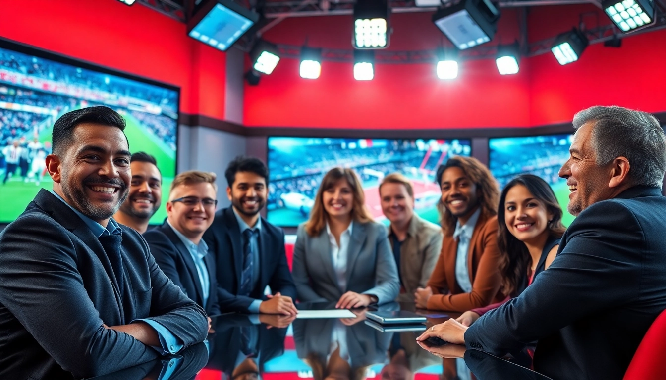 Engaging sports broadcasting studio scene showcasing diverse commentators in action.
