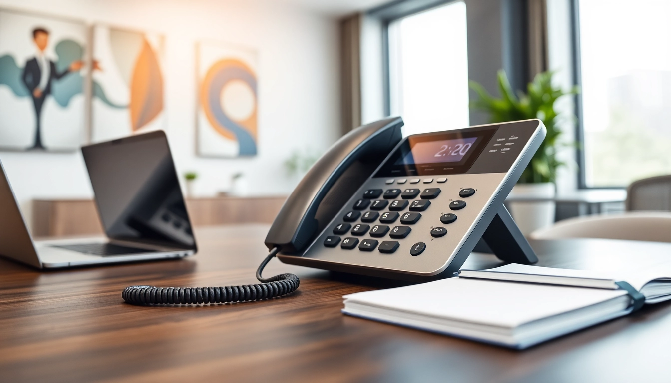 Showcasing a modern business phone on an organized desk for business productivity.