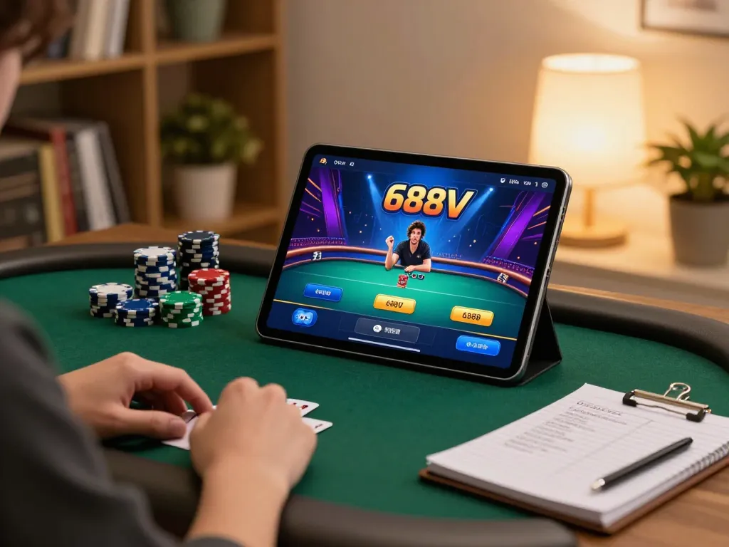 Engaged player analyzing poker strategies on the 688V app during an online gaming session.