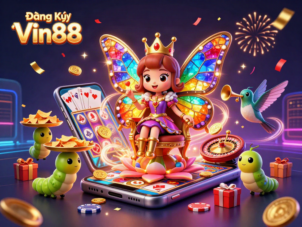 Play "Đăng Ký Vin88" and experience the vibrant world of online gaming with colorful 3D digital elements.
