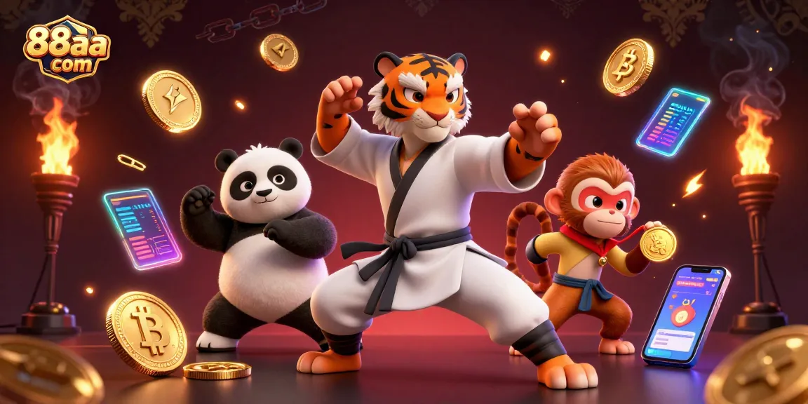 Engage in 88aa com online gaming with a vibrant scene featuring a kung fu tiger, panda disciple, and monkey student.