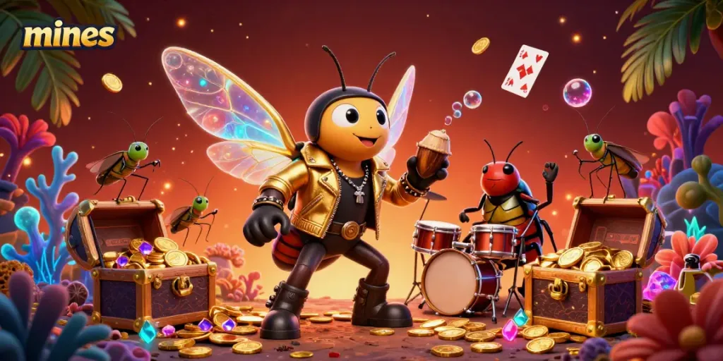 Experience the thrills of playing mines as our cicada rock star leads a vibrant casino scene filled with treasures and excitement.