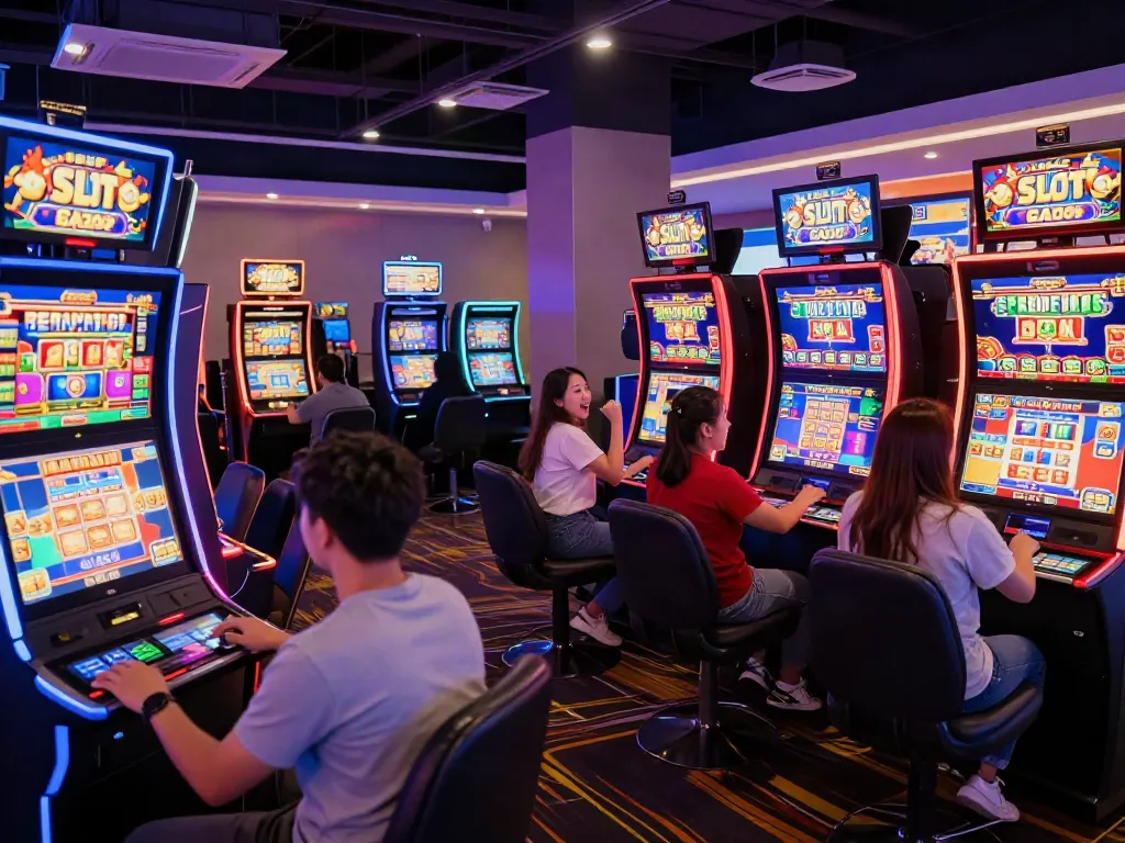 Jogadores se divertindo em máquinas de Slot Gacor em um cassino moderno com luzes vibrantes.