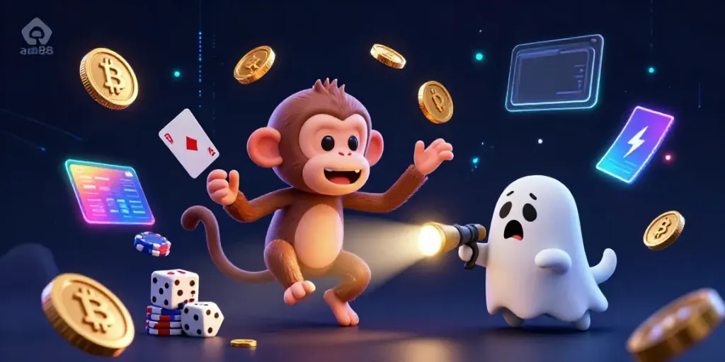 Experience the thrill of aa888 gaming with the playful poltergeist monkey and ghost-hunter puppy in a vibrant casino.