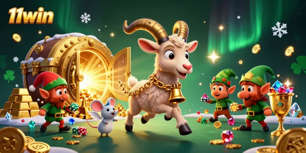 Experience thrilling gaming action with 11win's festive Krampus casino illustration featuring lively characters and luxurious treasures.