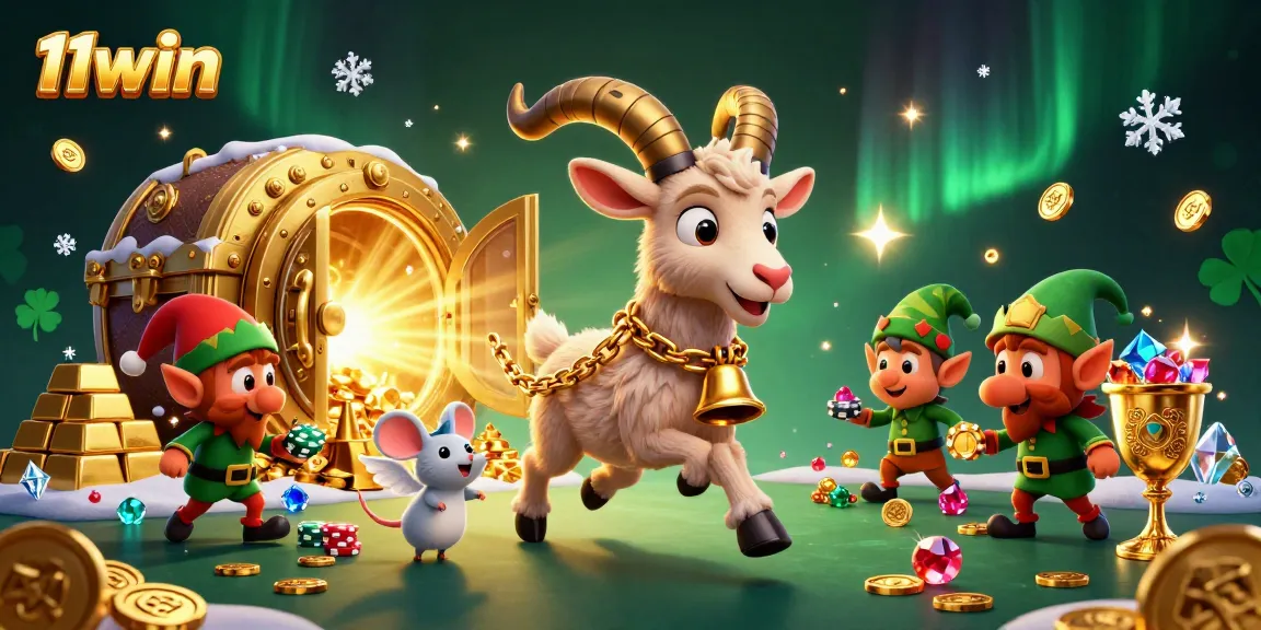 Experience thrilling gaming action with 11win's festive Krampus casino illustration featuring lively characters and luxurious treasures.