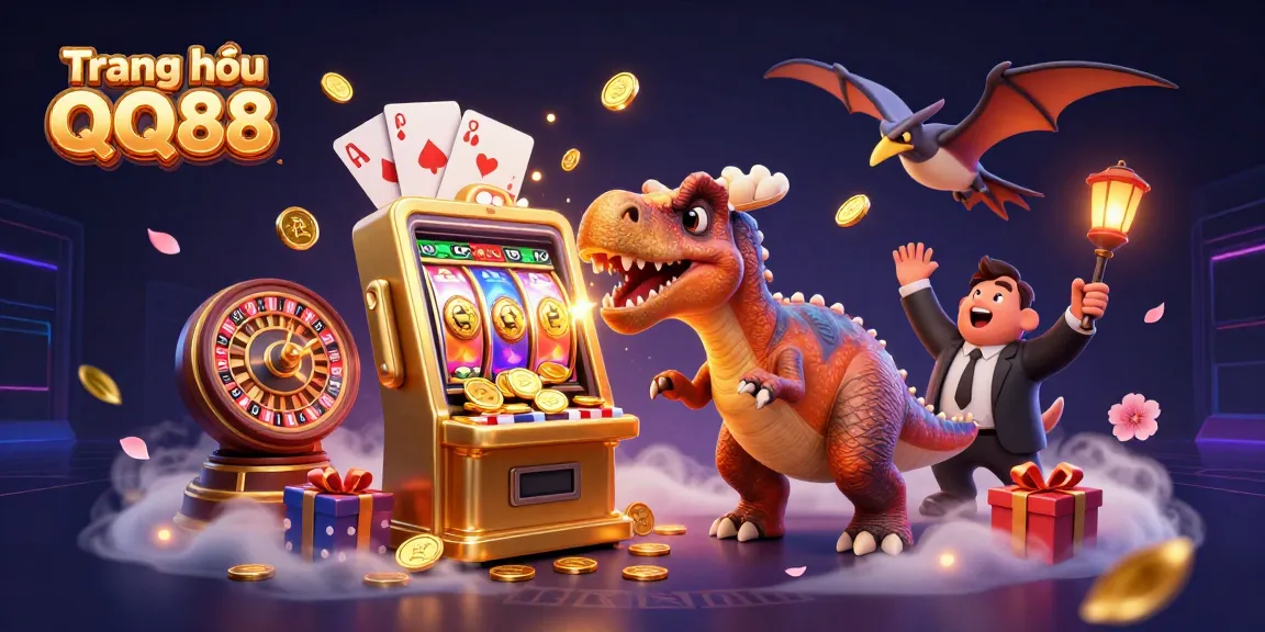 Engaging illustration of Trang chủ QQ88 featuring cartoon dinosaurs in a lively casino scene, headbutting a jackpot slot machine.
