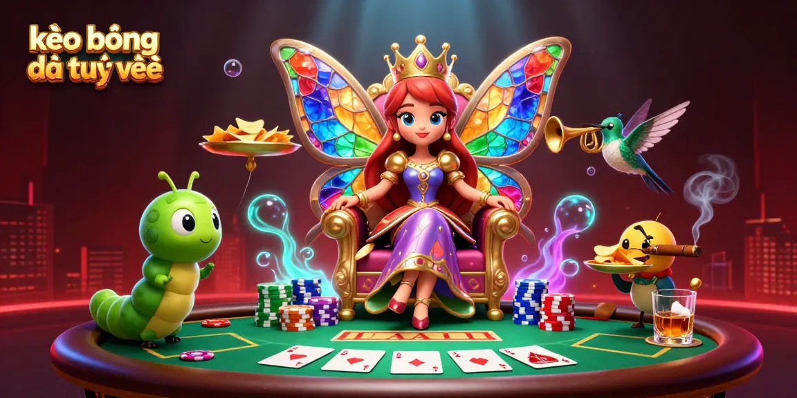 Experience kèo bóng đá trực tuyến in a vibrant 3D scene featuring a butterfly queen and gambling elements.