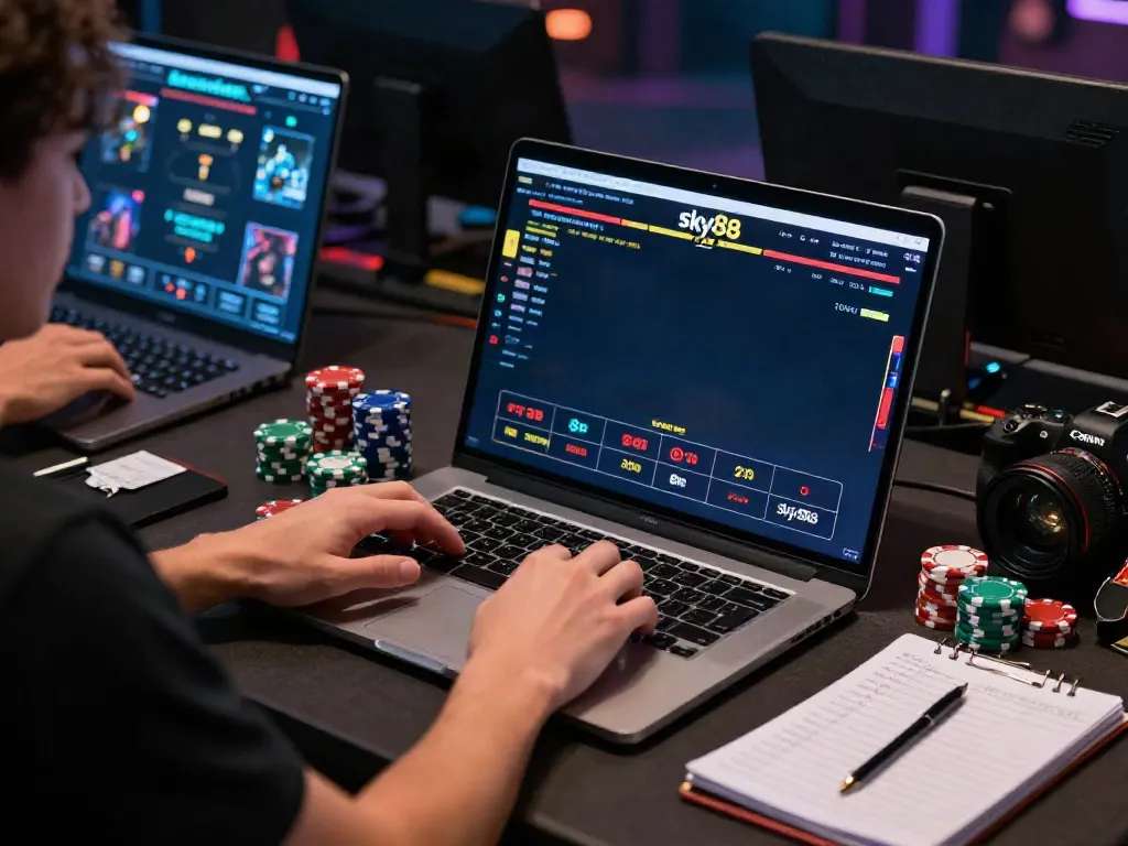 Engaging in online betting on sky88, showcasing a modern gaming setup.