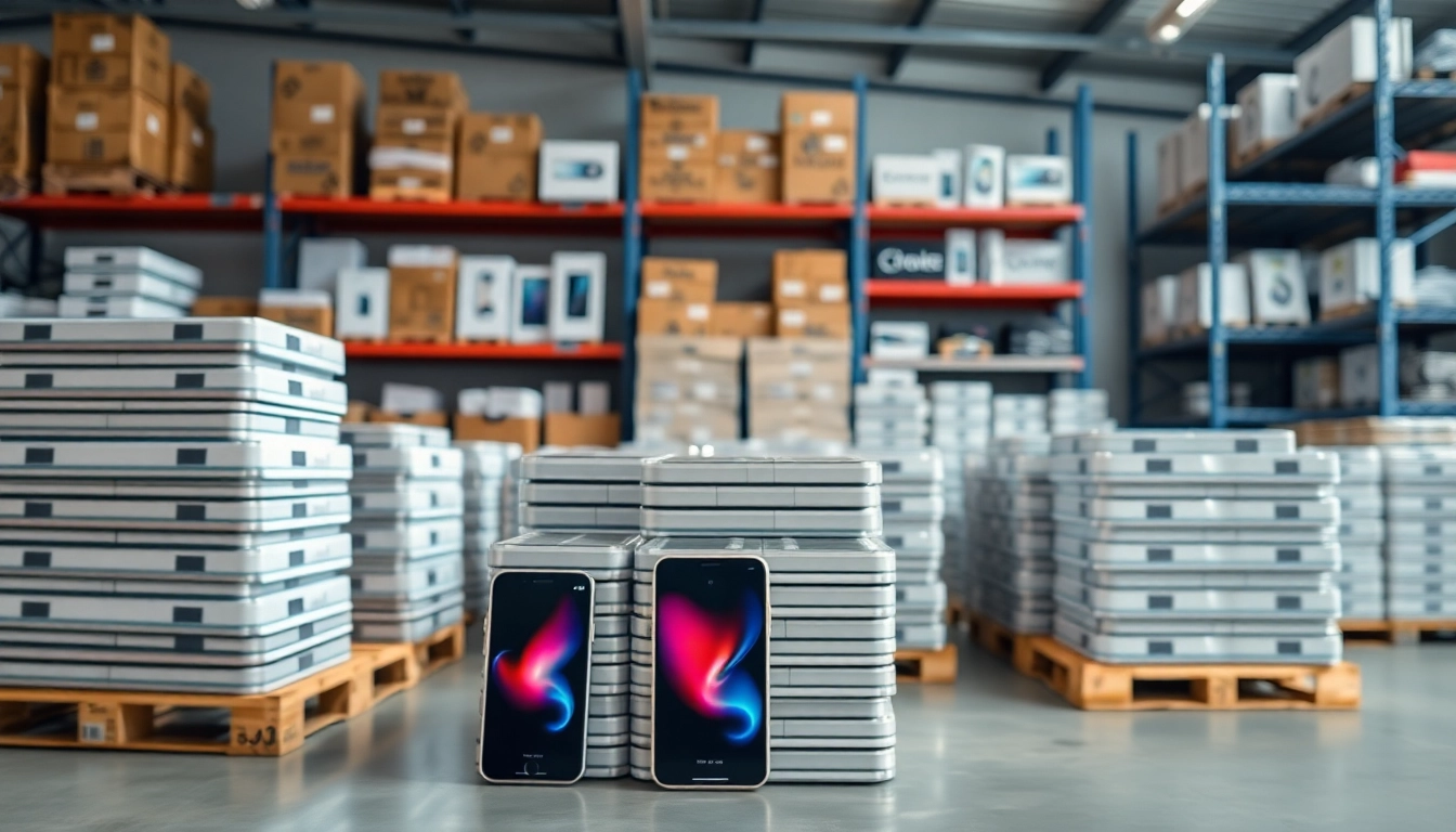 Explore Liquidation iPhone Pallets for Sale – 20 Units (High Resale Value) showcasing stacked pallets in a modern warehouse.