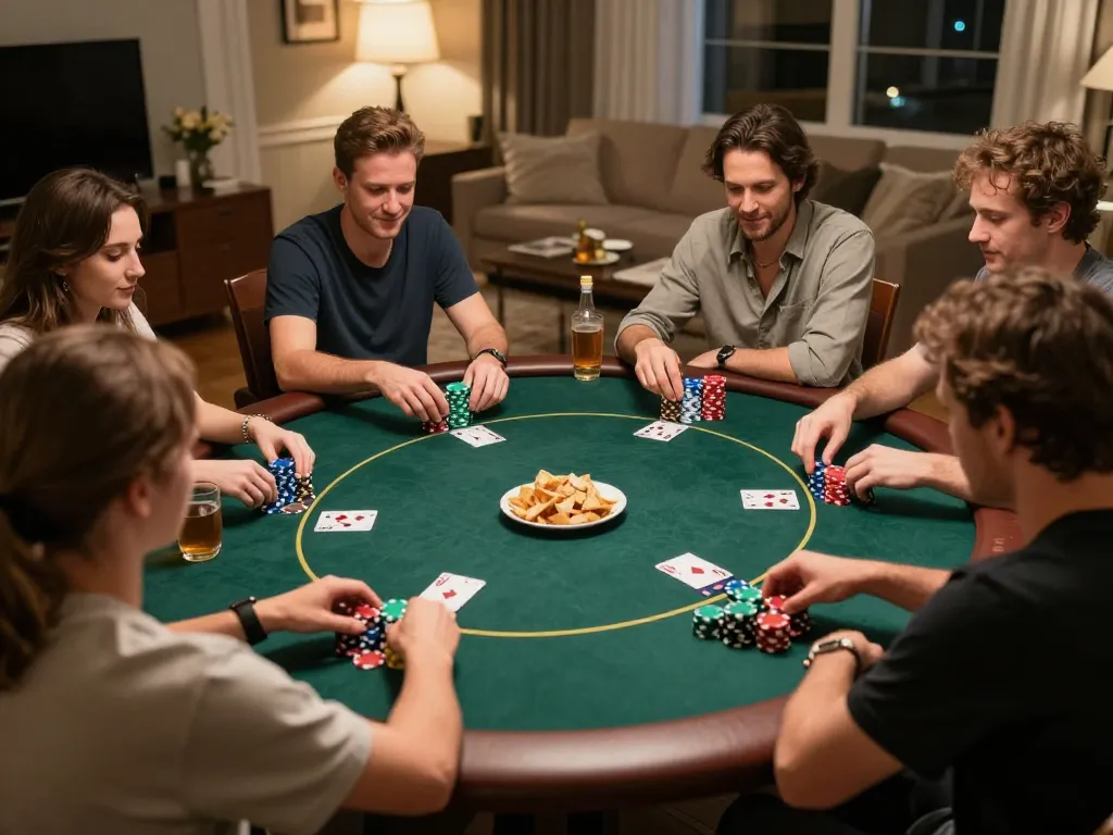 Players enjoying a friendly poker game at home on 559X, showcasing excitement and strategy.