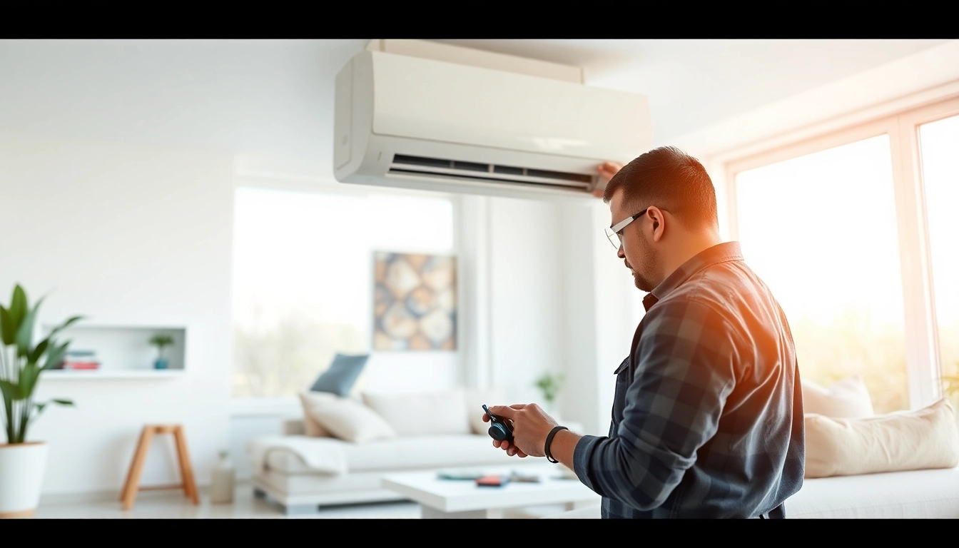 Installing a mini split ac in a modern living room with a skilled technician focused.