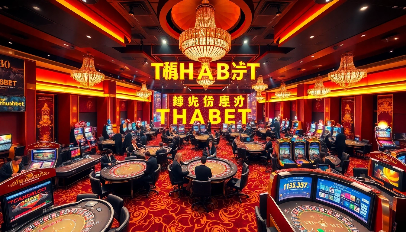 Players enjoying a thrilling gaming experience at THABET casino with vibrant tables and slot machines.