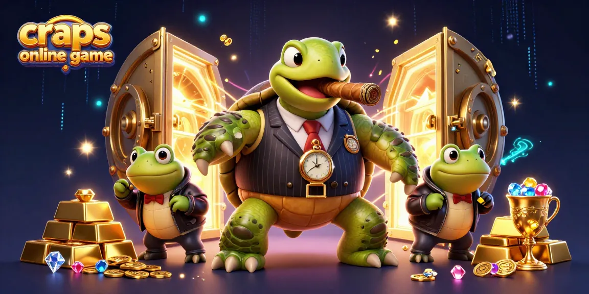 Experience an exciting craps online game with vibrant visual dynamics featuring a turtle and bullfrogs in a casino.