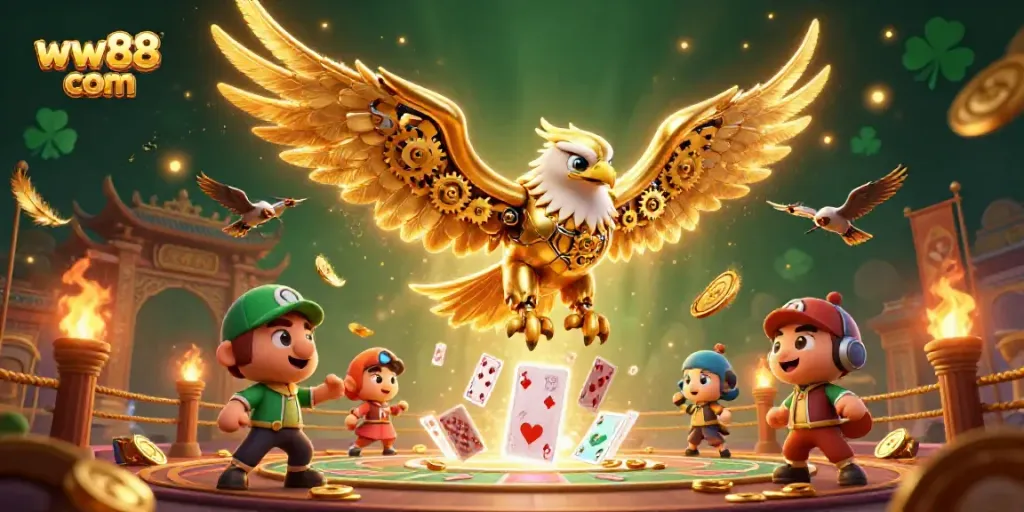 Experience the excitement of ww88 com with a dynamic scene of a mechanical golden eagle surrounded by vibrant casino elements.