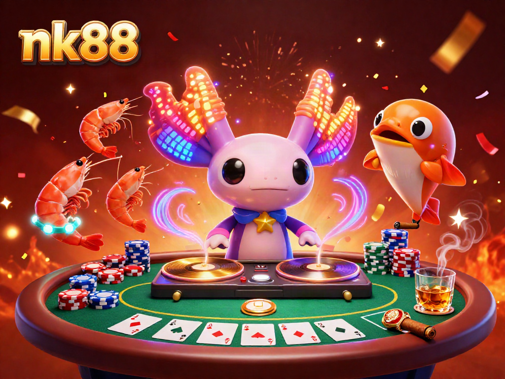 Engage with nk88 in a vibrant casino scene with an axolotl DJ, poker elements, and festive energy.