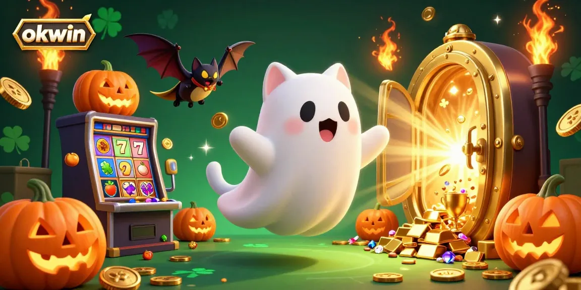 Engage in thrilling gameplay with okwin as the friendly ghost cat and vampire bat explore a vibrant haunted casino.