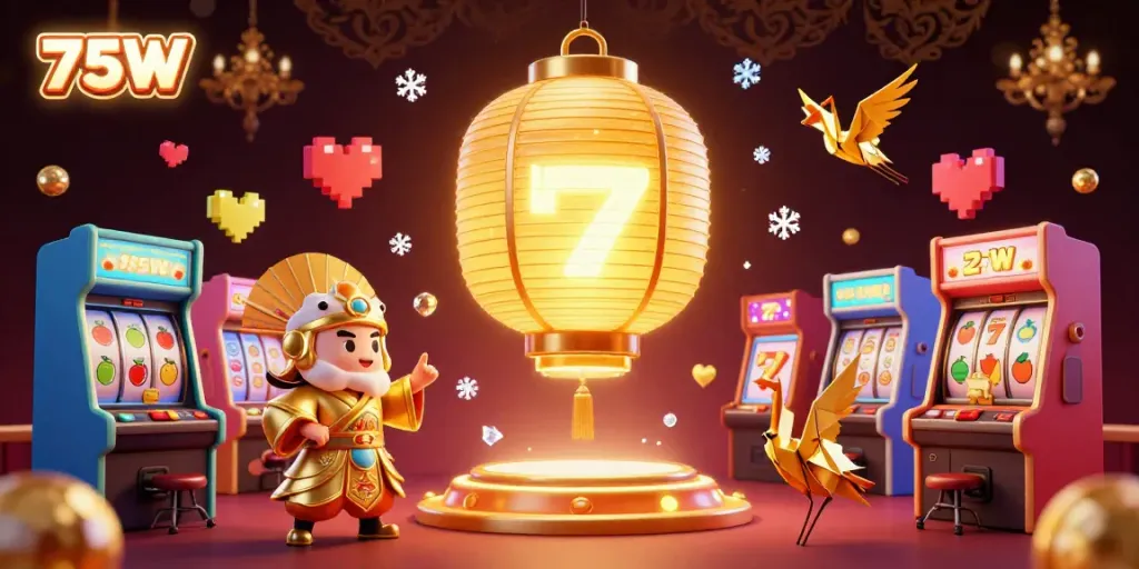 Generate wins at the casino with 75W's vibrant gaming scene featuring golden lanterns and slot machines.