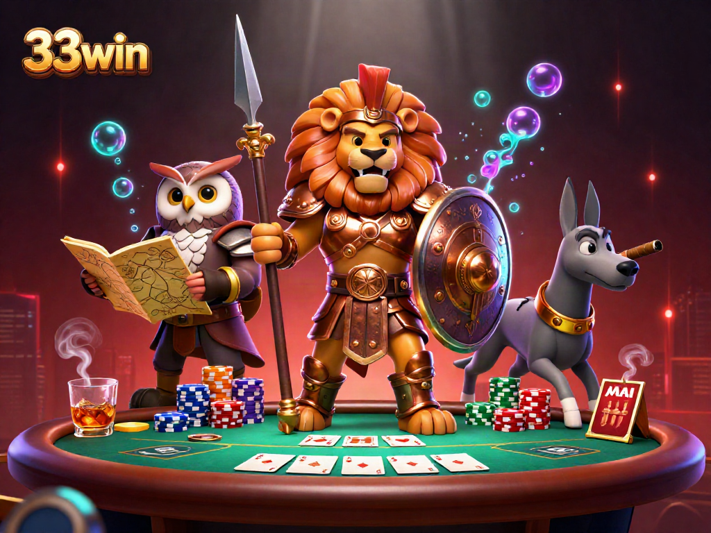 Engage in thrilling card games at 33win with a vibrant 3D cartoon scene featuring poker action.