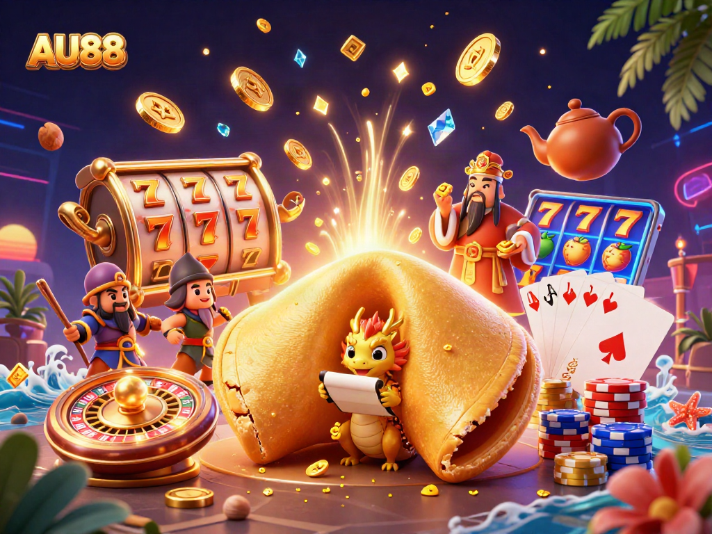 Experience AU88’s vibrant casino scene with golden tickets, spinning slots, and mystical elements.