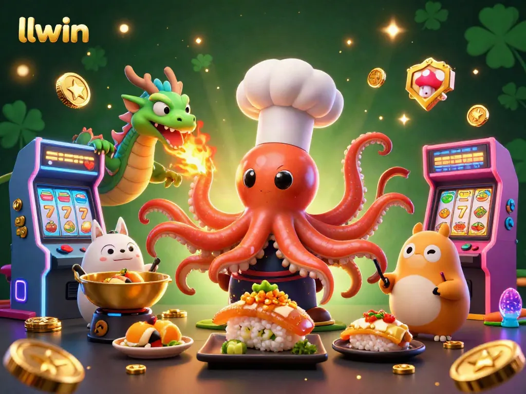 Interact with llwin's vibrant fantasy scene featuring a sushi chef octopus and dragon alongside arcade elements.