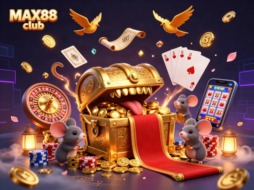 Spin to win at MAX88 club with a 3D treasure chest attracting lucky adventurer mice surrounded by casino elements.