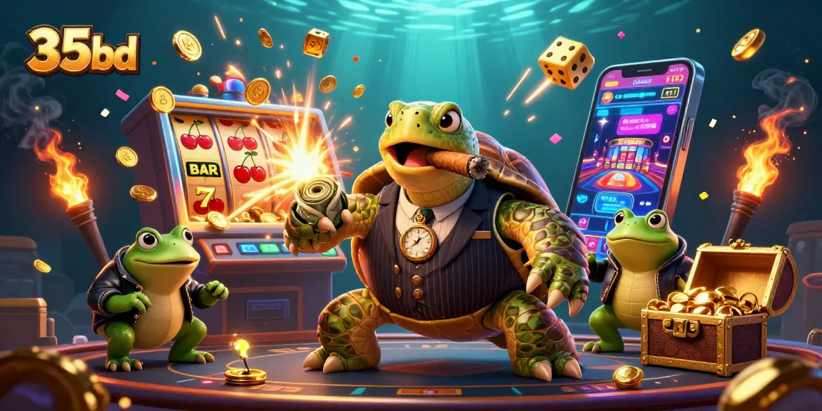 Engage with 35bd games in a vibrant 3D casino scene featuring a snapping turtle and bullfrog enforcers.