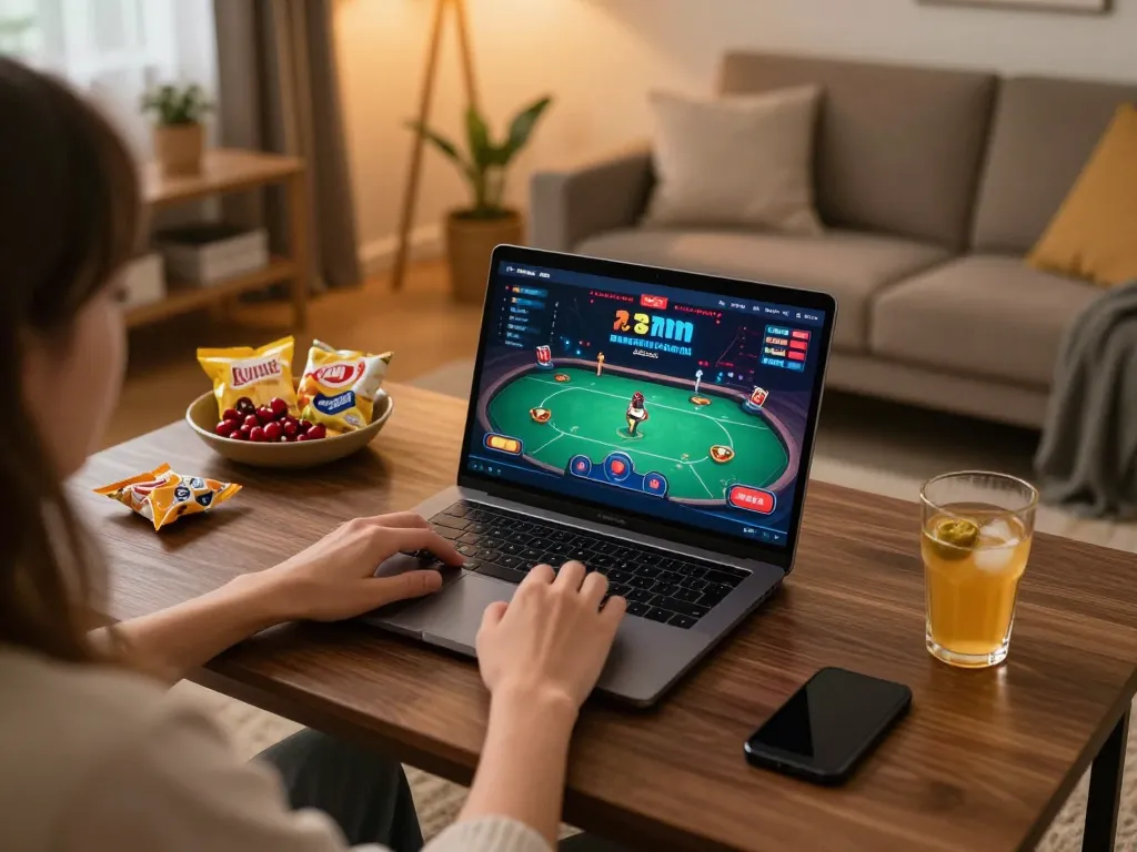 Player enjoying online poker on 33nn platform in cozy home setting
