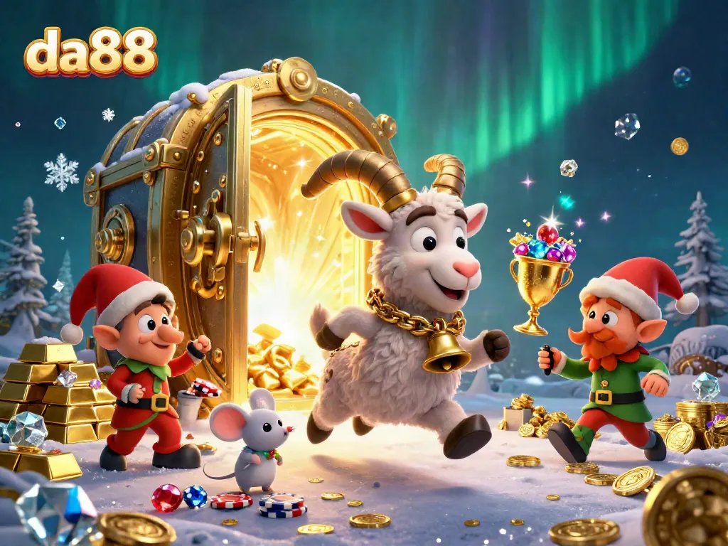 Engage with the festive yet spooky casino scene at da88, showcasing a whimsical Krampus goat overseeing playful elf gremlins.