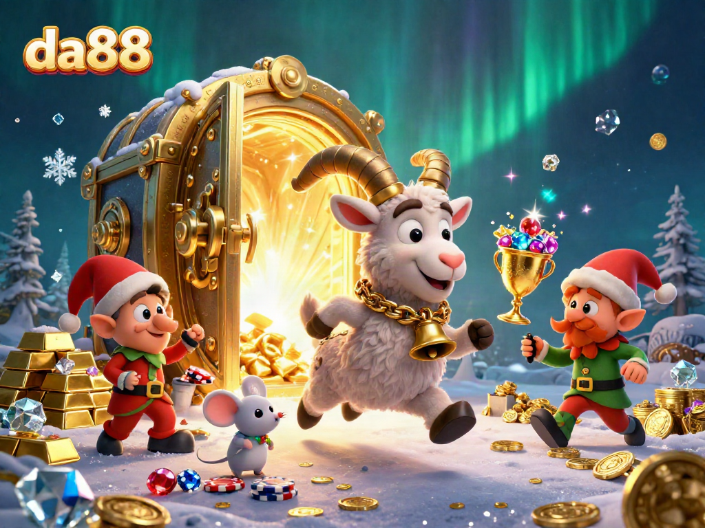 Engage with the festive yet spooky casino scene at da88, showcasing a whimsical Krampus goat overseeing playful elf gremlins.