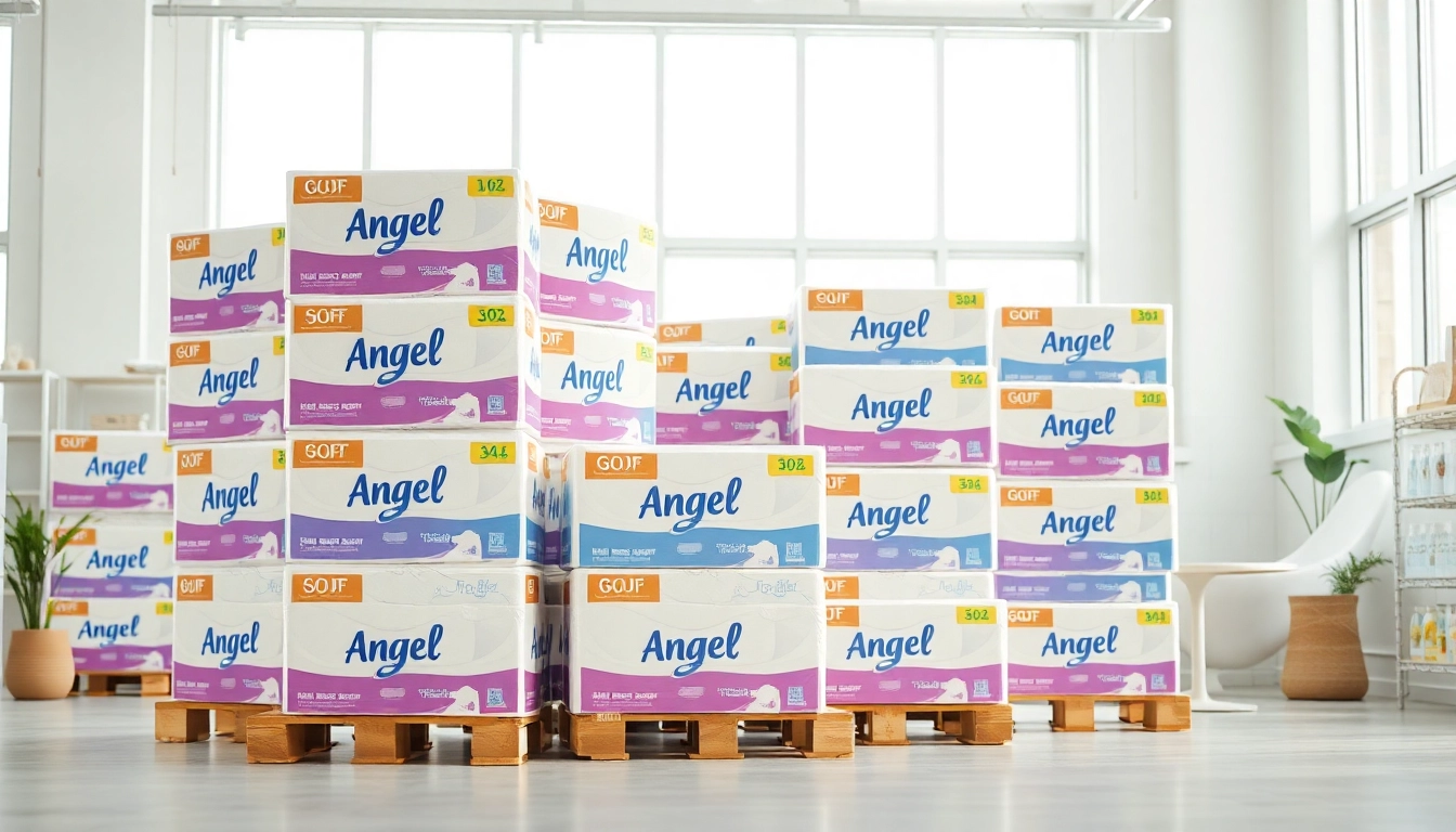 Showcasing Angel Soft Toilet Paper Pallets in a clean retail setting with natural lighting.
