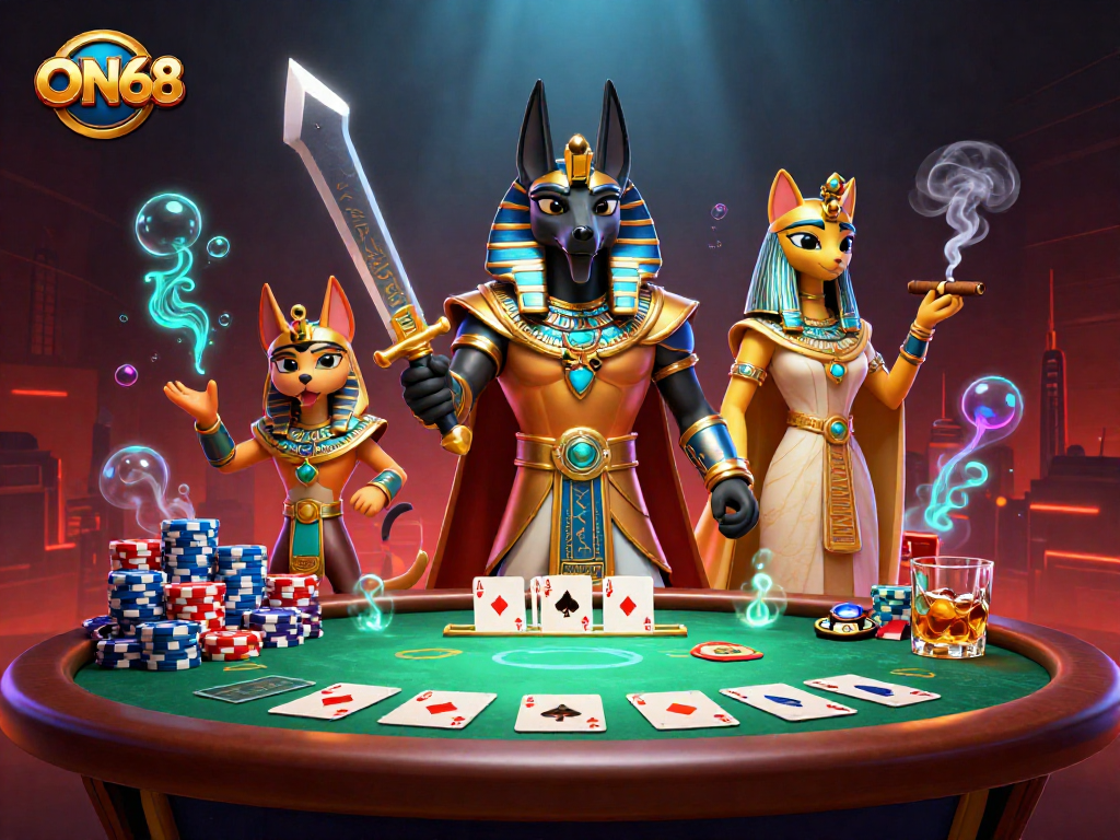 Engage in thrilling gameplay at ON68 with a dynamic casino scene featuring Anubis and Bastet amidst vibrant poker elements.